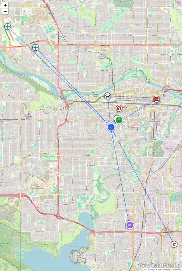 Daily accessibility map for 1015 ROYAL AV SW, Calgary showing nearby schools, grocery stores, parks, LRT stations and nearby amenities