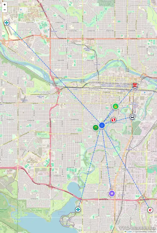Daily accessibility map for 715 29 AV SW, Calgary showing nearby schools, grocery stores, parks, LRT stations and nearby amenities