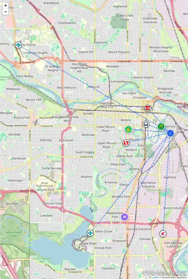 Daily accessibility map for 824 21 AV SE, Calgary showing nearby schools, grocery stores, parks, LRT stations and nearby amenities