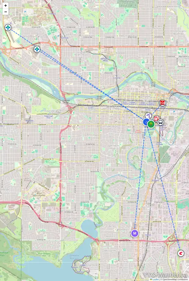 Daily accessibility map for 214 15 AV SW, Calgary showing nearby schools, grocery stores, parks, LRT stations and nearby amenities