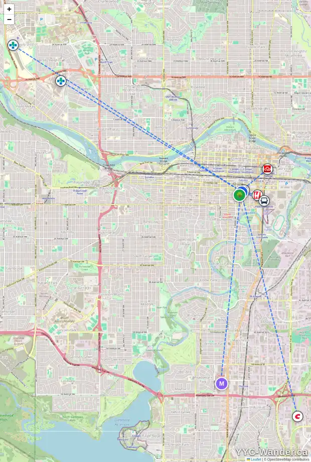 Daily accessibility map for 904 220 13 AV SW, Calgary showing nearby schools, grocery stores, parks, LRT stations and nearby amenities