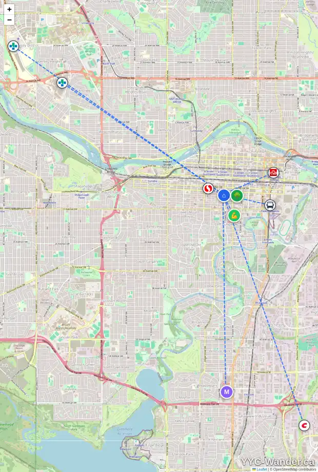 Daily accessibility map for 4 614 13 AV SW, Calgary showing nearby schools, grocery stores, parks, LRT stations and nearby amenities