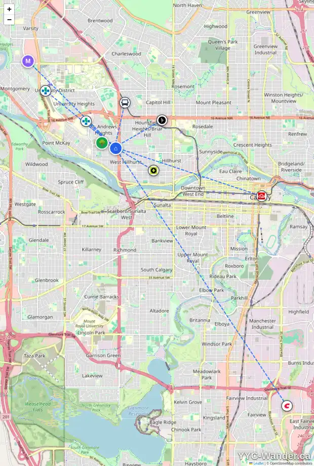 Daily accessibility map for 2532 7 AV NW, Calgary showing nearby schools, grocery stores, parks, LRT stations and nearby amenities