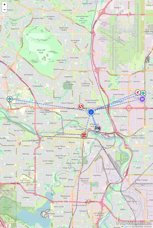 Daily accessibility map for 630 13 AV NE, Calgary showing nearby schools, grocery stores, parks, LRT stations and nearby amenities