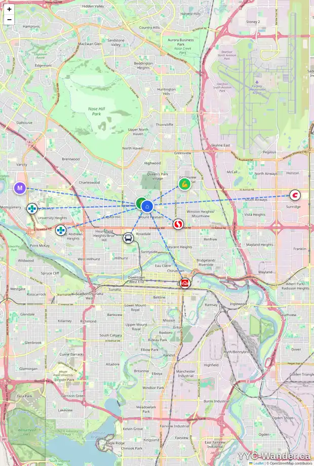 Daily accessibility map for 2607 7 ST NW, Calgary showing nearby schools, grocery stores, parks, LRT stations and nearby amenities