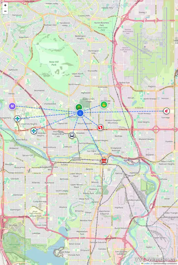 Daily accessibility map for 20 CAMBRIDGE PL NW, Calgary showing nearby schools, grocery stores, parks, LRT stations and nearby amenities