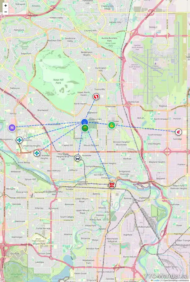 Daily accessibility map for 23 CROYDON RD NW, Calgary showing nearby schools, grocery stores, parks, LRT stations and nearby amenities