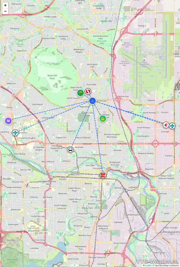 Daily accessibility map for 343 MCKNIGHT BV NW, Calgary showing nearby schools, grocery stores, parks, LRT stations and nearby amenities
