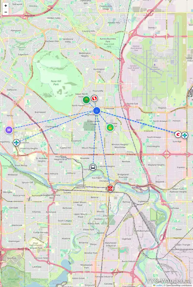 Daily accessibility map for 4646 4 ST NW, Calgary showing nearby schools, grocery stores, parks, LRT stations and nearby amenities