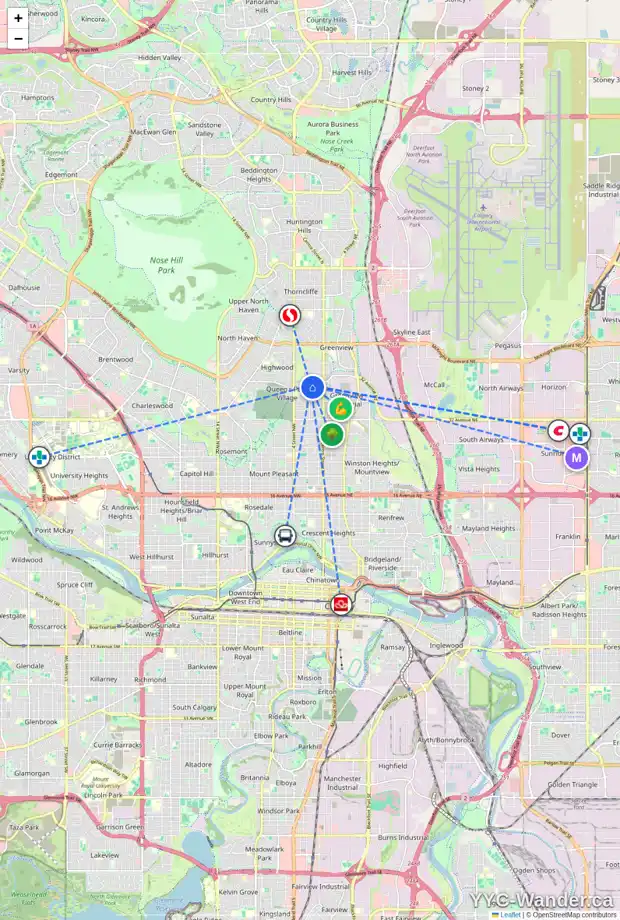 Daily accessibility map for 4008 2 ST NW, Calgary showing nearby schools, grocery stores, parks, LRT stations and nearby amenities