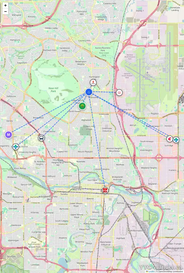 Daily accessibility map for 539 63 AV NW, Calgary showing nearby schools, grocery stores, parks, LRT stations and nearby amenities