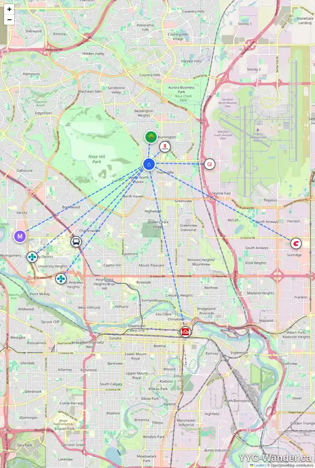 Daily accessibility map for 6525 HUNTSBAY RD NW, Calgary showing nearby schools, grocery stores, parks, LRT stations and nearby amenities