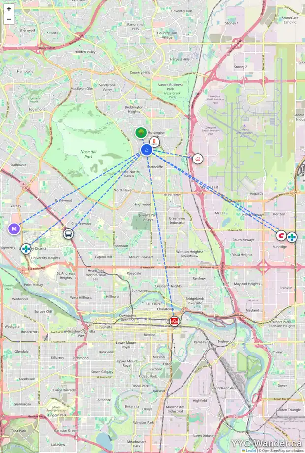 Daily accessibility map for 636 HUNTS CR NW, Calgary showing nearby schools, grocery stores, parks, LRT stations and nearby amenities