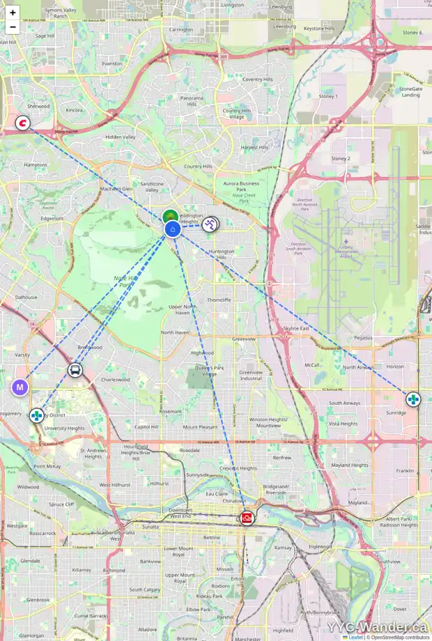 Daily accessibility map for 71 BERMONDSEY PL NW, Calgary showing nearby schools, grocery stores, parks, LRT stations and nearby amenities
