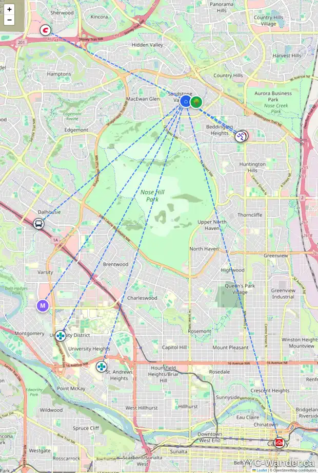 Daily accessibility map for 245 SANDPIPER CI NW, Calgary showing nearby schools, grocery stores, parks, LRT stations and nearby amenities