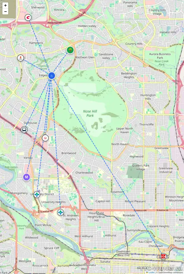 Daily accessibility map for 8223 EDGEBROOK DR NW, Calgary showing nearby schools, grocery stores, parks, LRT stations and nearby amenities