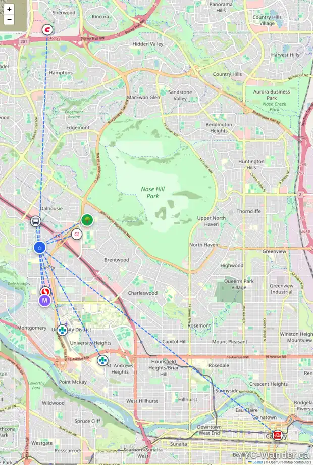 Daily accessibility map for 4940 VICEROY DR NW, Calgary showing nearby schools, grocery stores, parks, LRT stations and nearby amenities