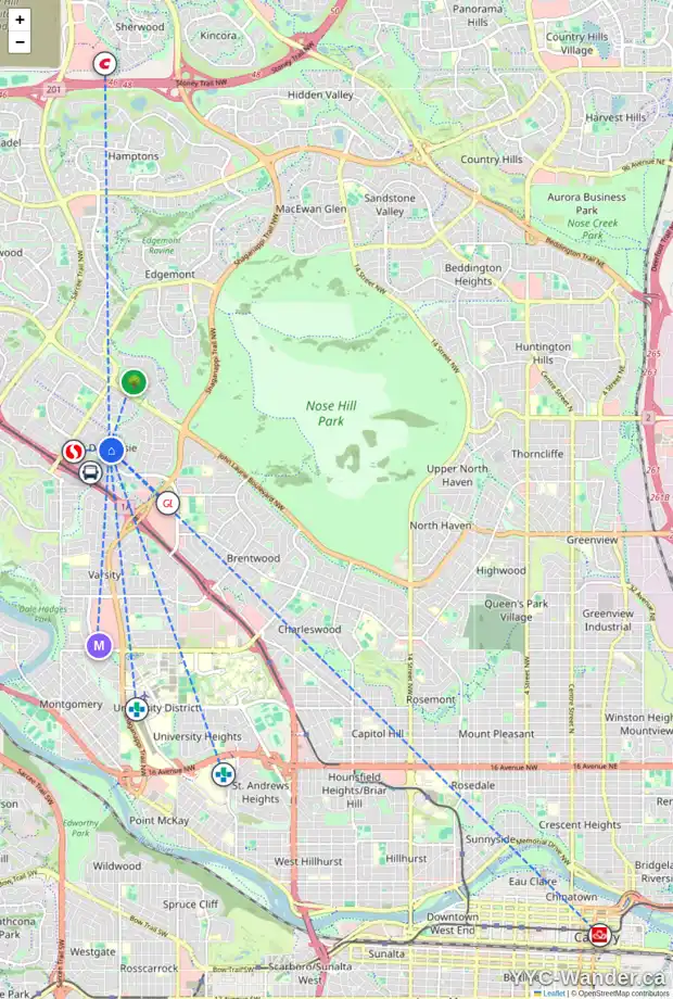 Daily accessibility map for 5836 DALFORD RD NW, Calgary showing nearby schools, grocery stores, parks, LRT stations and nearby amenities
