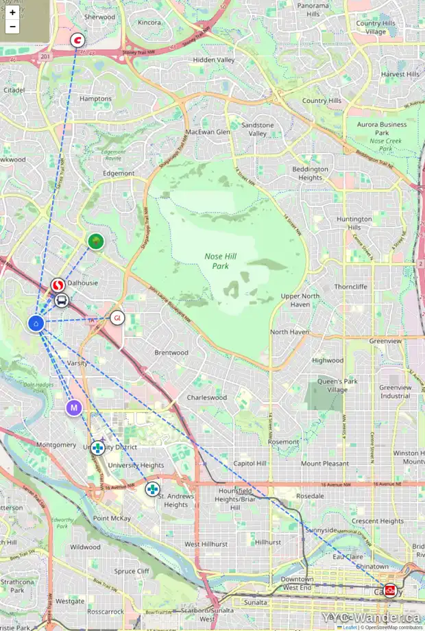 Daily accessibility map for 1207 VARSITY ESTATES RD NW, Calgary showing nearby schools, grocery stores, parks, LRT stations and nearby amenities