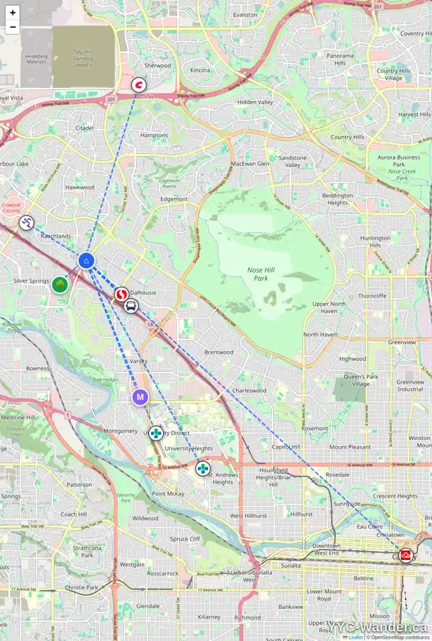 Daily accessibility map for 231 RANCHVIEW CO NW, Calgary showing nearby schools, grocery stores, parks, LRT stations and nearby amenities