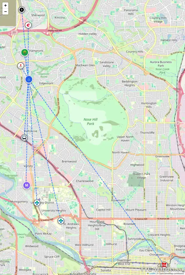 Daily accessibility map for 44 EDGEPARK CR NW, Calgary showing nearby schools, grocery stores, parks, LRT stations and nearby amenities