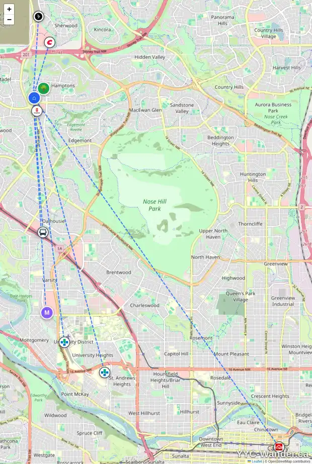 Daily accessibility map for 63 HAMPSHIRE GV NW, Calgary showing nearby schools, grocery stores, parks, LRT stations and nearby amenities