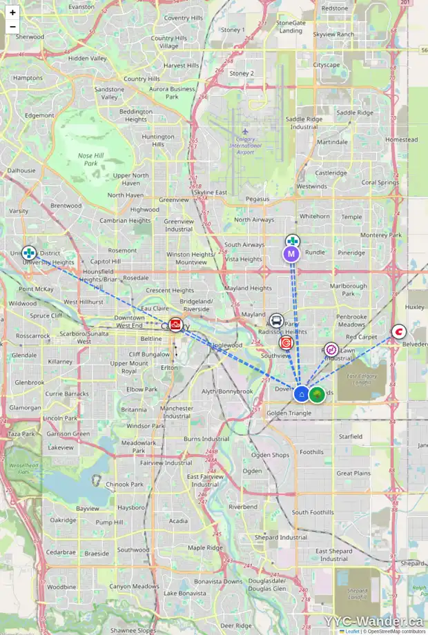 Daily accessibility map for 23 ERIN DALE CR SE, Calgary showing nearby schools, grocery stores, parks, LRT stations and nearby amenities