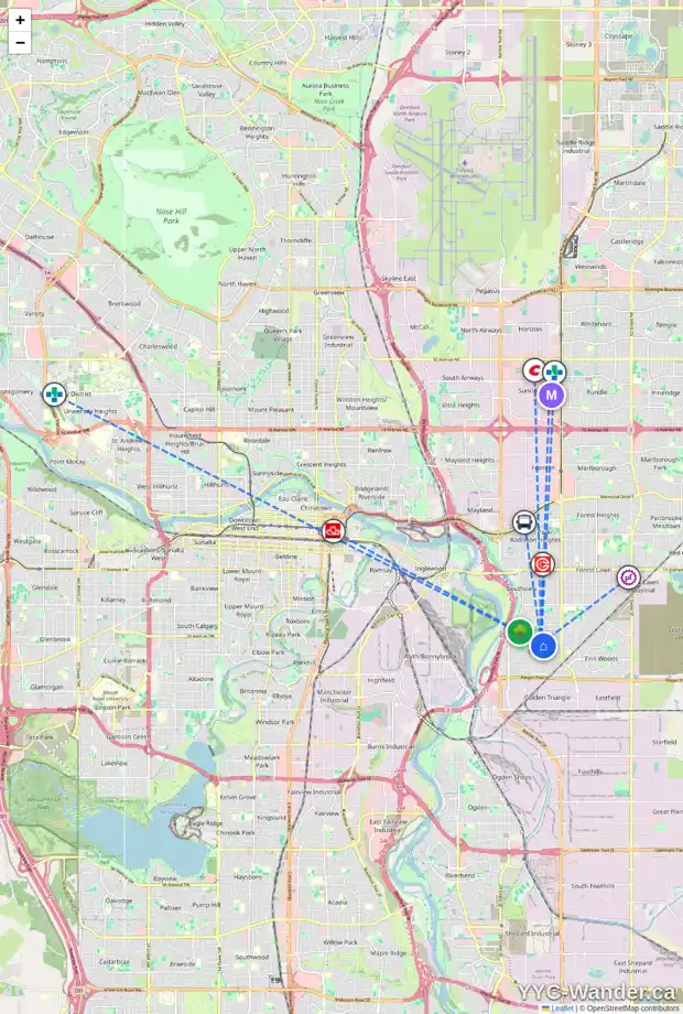 Daily accessibility map for 3412 35 AV SE, Calgary showing nearby schools, grocery stores, parks, LRT stations and nearby amenities