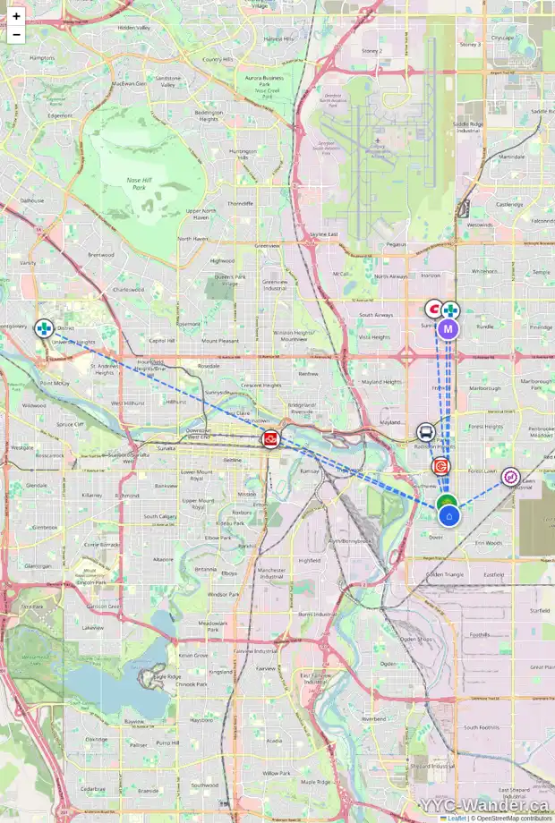 Daily accessibility map for 3104 33 ST SE, Calgary showing nearby schools, grocery stores, parks, LRT stations and nearby amenities