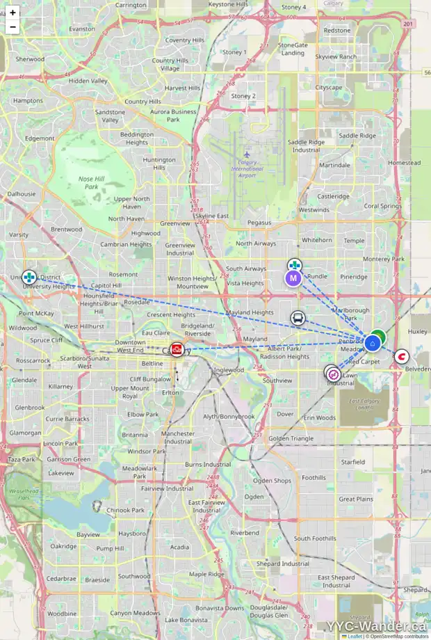 Daily accessibility map for 6835 4 AV SE, Calgary showing nearby schools, grocery stores, parks, LRT stations and nearby amenities