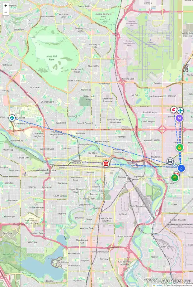 Daily accessibility map for 1111 35 ST SE, Calgary showing nearby schools, grocery stores, parks, LRT stations and nearby amenities