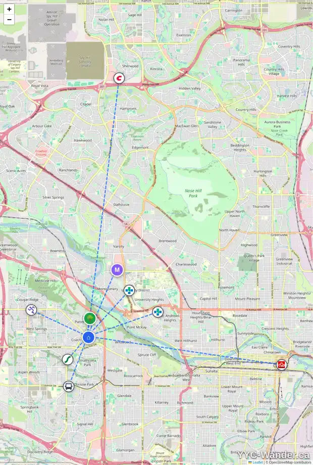 Daily accessibility map for 6015 COACH HILL RD SW, Calgary showing nearby schools, grocery stores, parks, LRT stations and nearby amenities