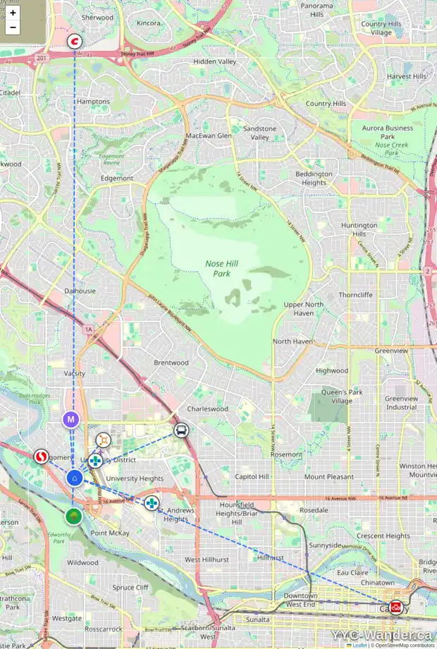Daily accessibility map for 4504 19 AV NW, Calgary showing nearby schools, grocery stores, parks, LRT stations and nearby amenities