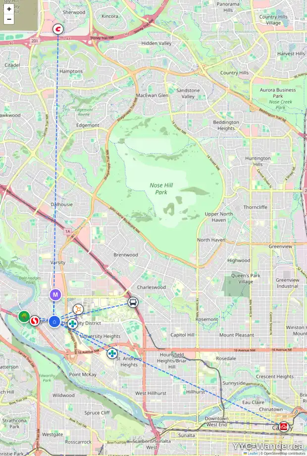 Daily accessibility map for 4718 21 AV NW, Calgary showing nearby schools, grocery stores, parks, LRT stations and nearby amenities