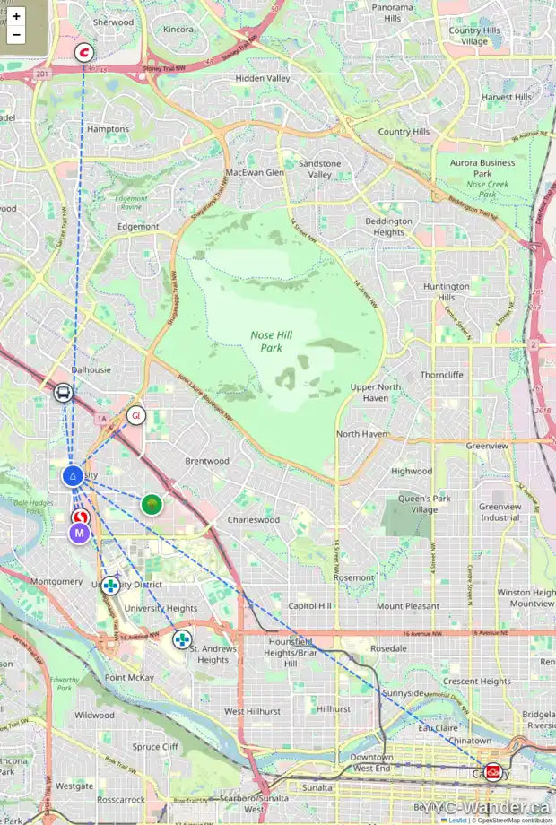 Daily accessibility map for 4415 49 ST NW, Calgary showing nearby schools, grocery stores, parks, LRT stations and nearby amenities