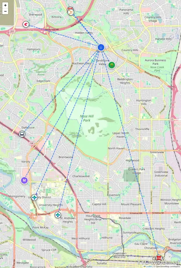Daily accessibility map for 2 HIDDEN VALE CO NW, Calgary showing nearby schools, grocery stores, parks, LRT stations and nearby amenities