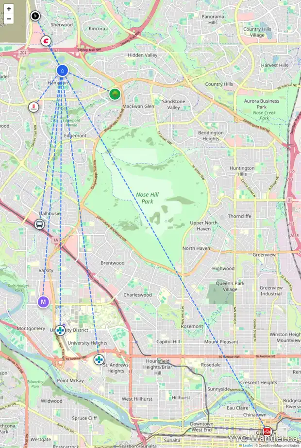 Daily accessibility map for 24 HAMPTONS RI NW, Calgary showing nearby schools, grocery stores, parks, LRT stations and nearby amenities