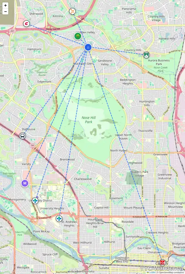 Daily accessibility map for 152 HIDDEN CI NW, Calgary showing nearby schools, grocery stores, parks, LRT stations and nearby amenities