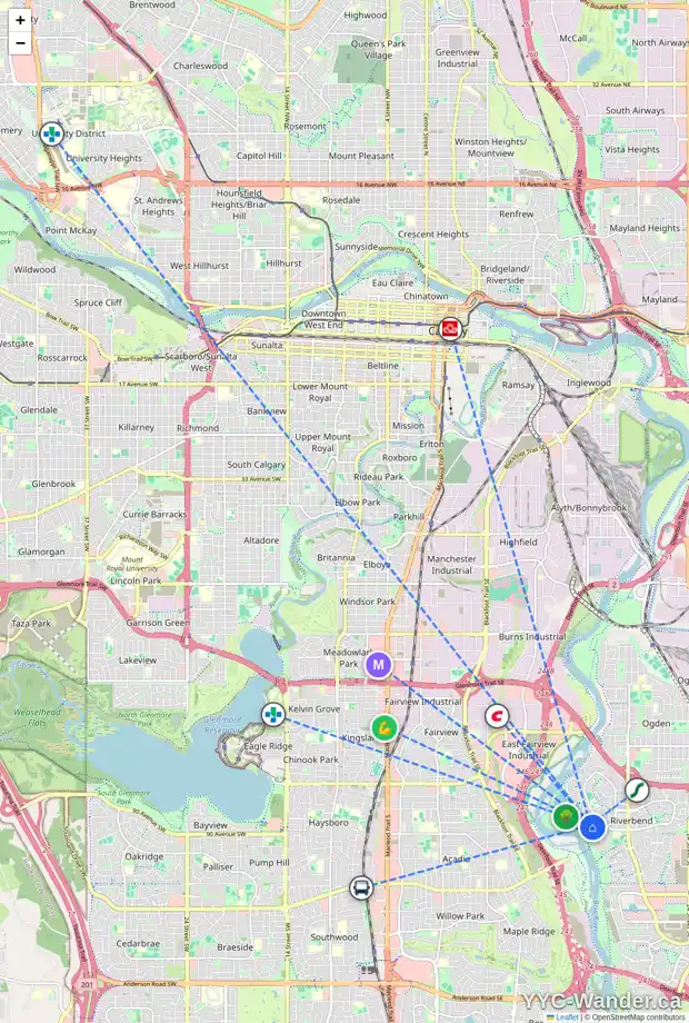 Daily accessibility map for 23 RIVERVIEW PT SE, Calgary showing nearby schools, grocery stores, parks, LRT stations and nearby amenities