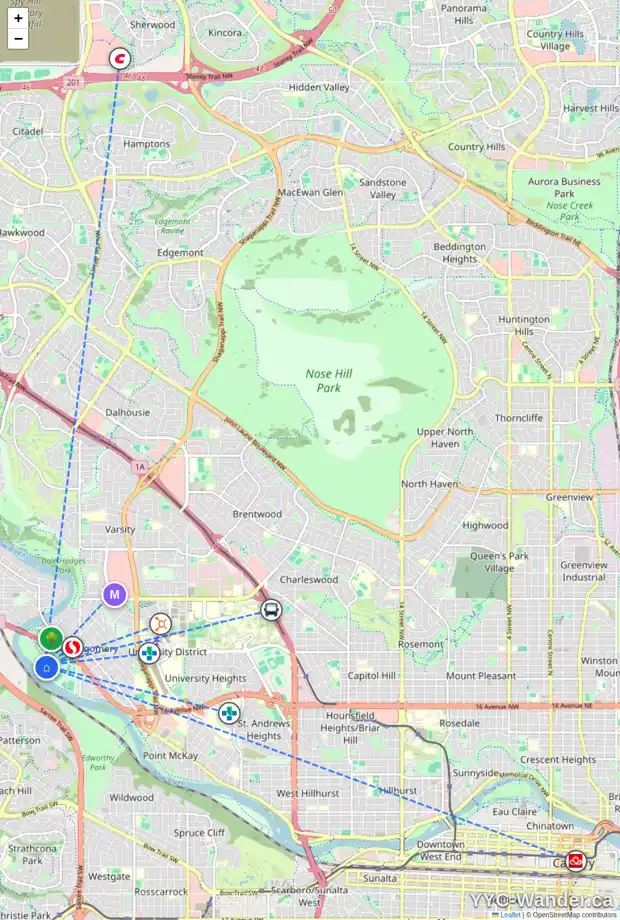 Daily accessibility map for 5001 13 AV NW, Calgary showing nearby schools, grocery stores, parks, LRT stations and nearby amenities