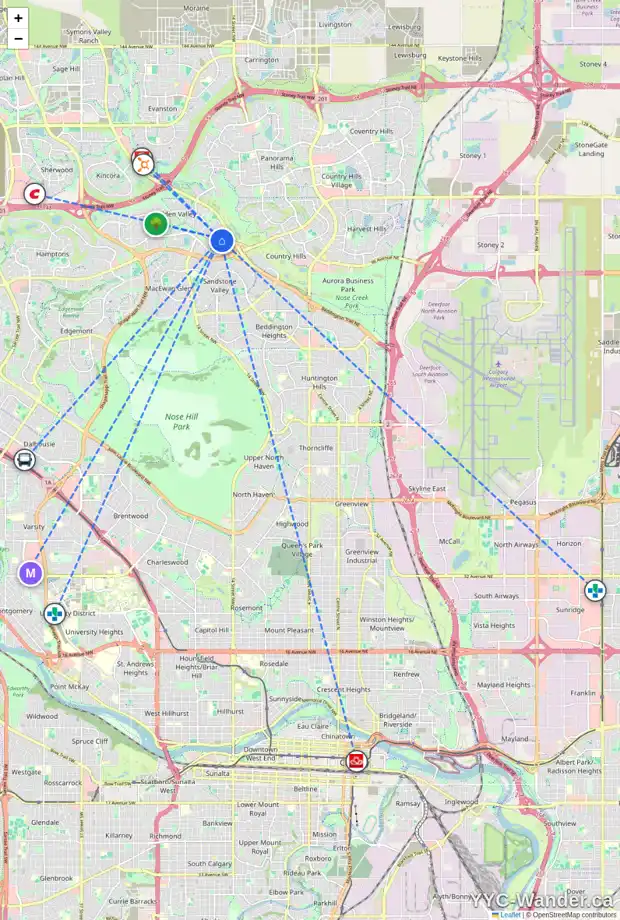 Daily accessibility map for 10382 HIDDEN VALLEY DR NW, Calgary showing nearby schools, grocery stores, parks, LRT stations and nearby amenities