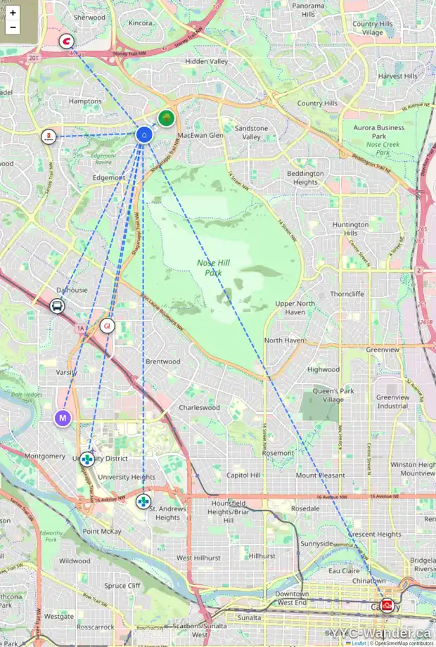 Daily accessibility map for 11 EDGEBROOK LD NW, Calgary showing nearby schools, grocery stores, parks, LRT stations and nearby amenities