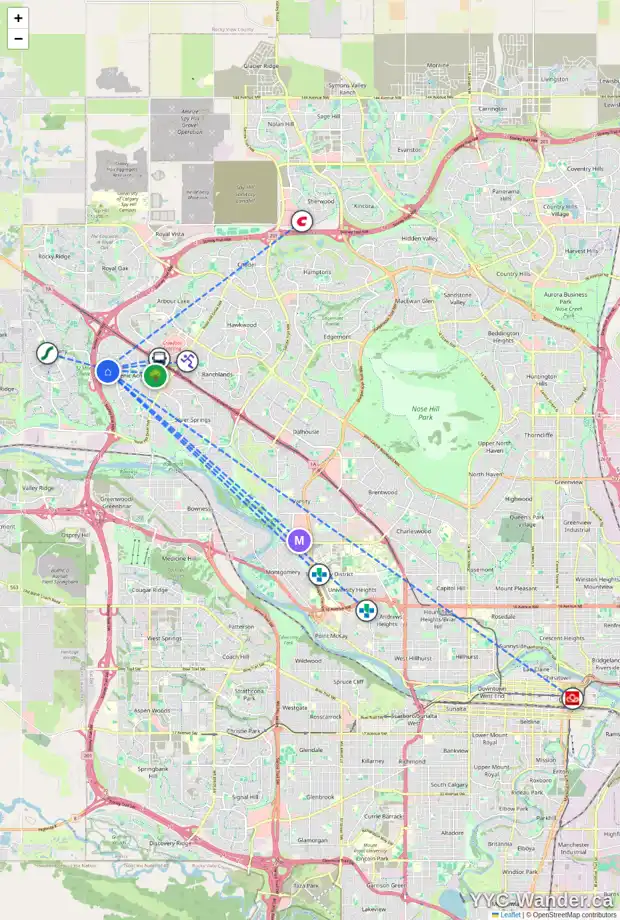Daily accessibility map for 743 SCHOONER CV NW, Calgary showing nearby schools, grocery stores, parks, LRT stations and nearby amenities