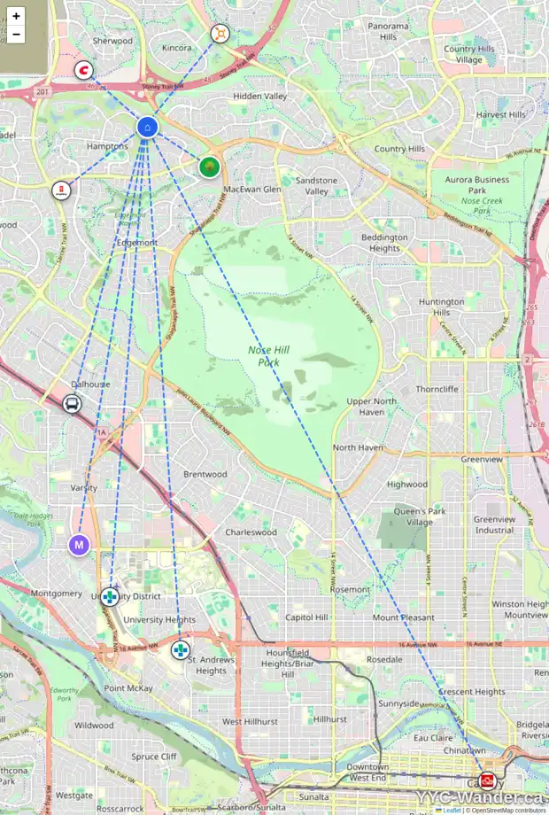 Daily accessibility map for 259 HAMPTONS DR NW, Calgary showing nearby schools, grocery stores, parks, LRT stations and nearby amenities