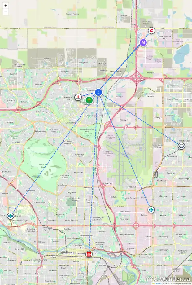 Daily accessibility map for 344 COVEWOOD PA NE, Calgary showing nearby schools, grocery stores, parks, LRT stations and nearby amenities