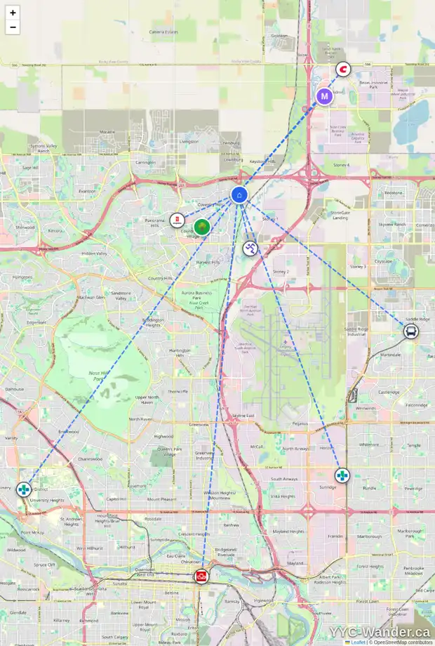 Daily accessibility map for 11 COVILLE SQ NE, Calgary showing nearby schools, grocery stores, parks, LRT stations and nearby amenities