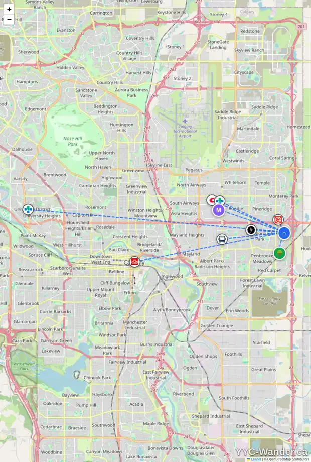 Daily accessibility map for 120 ABOYNE PL NE, Calgary showing nearby schools, grocery stores, parks, LRT stations and nearby amenities