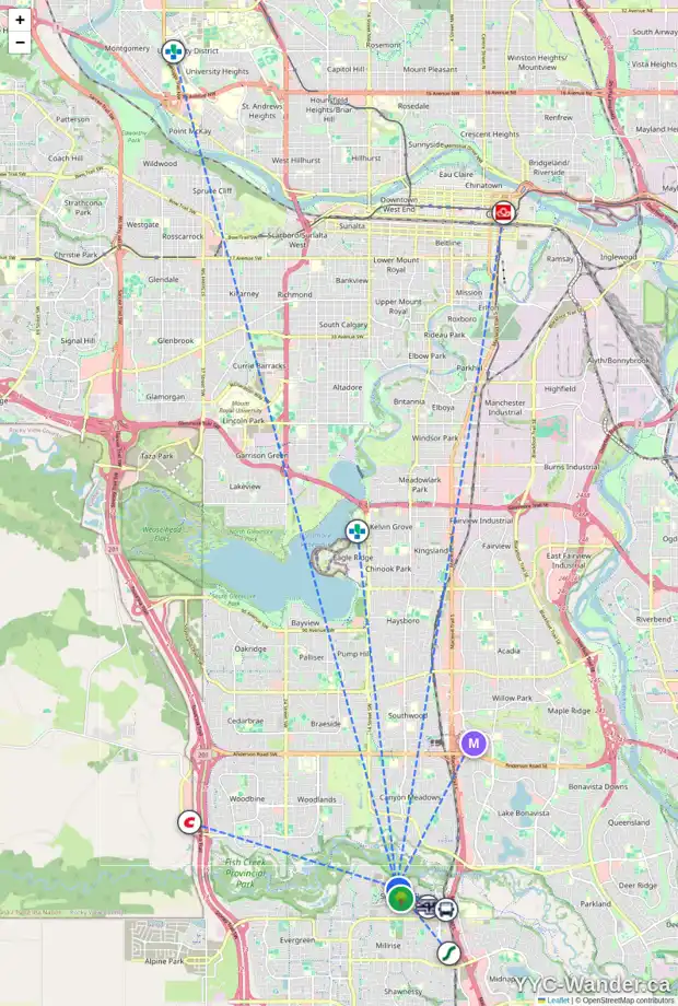 Daily accessibility map for 904 SHAWNEE DR SW, Calgary showing nearby schools, grocery stores, parks, LRT stations and nearby amenities