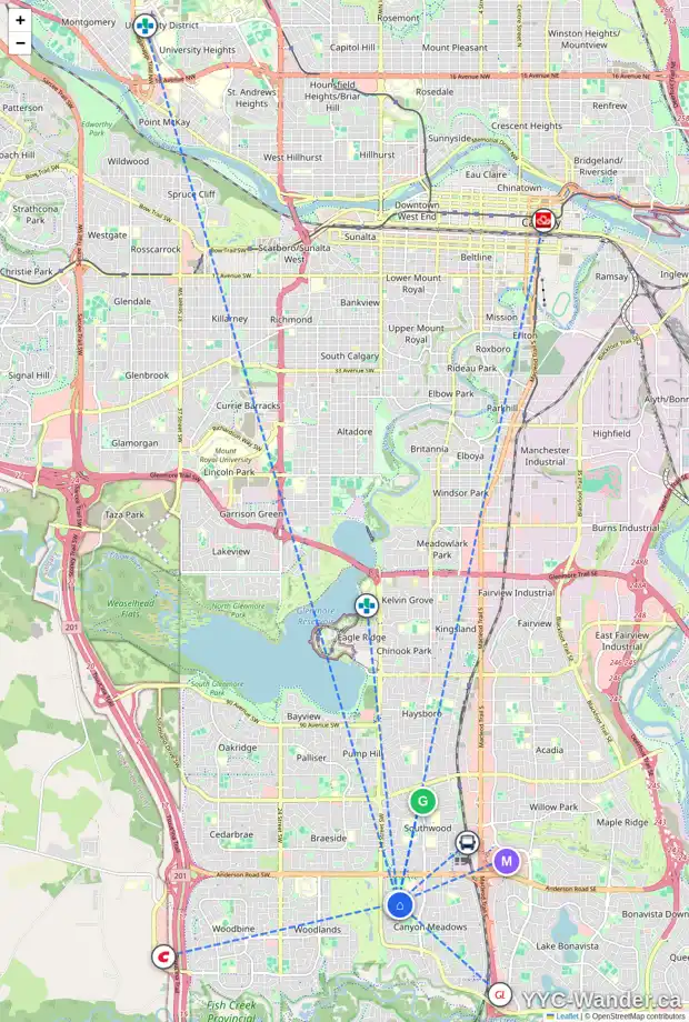 Daily accessibility map for 419 CANTERBURY PL SW, Calgary showing nearby schools, grocery stores, parks, LRT stations and nearby amenities