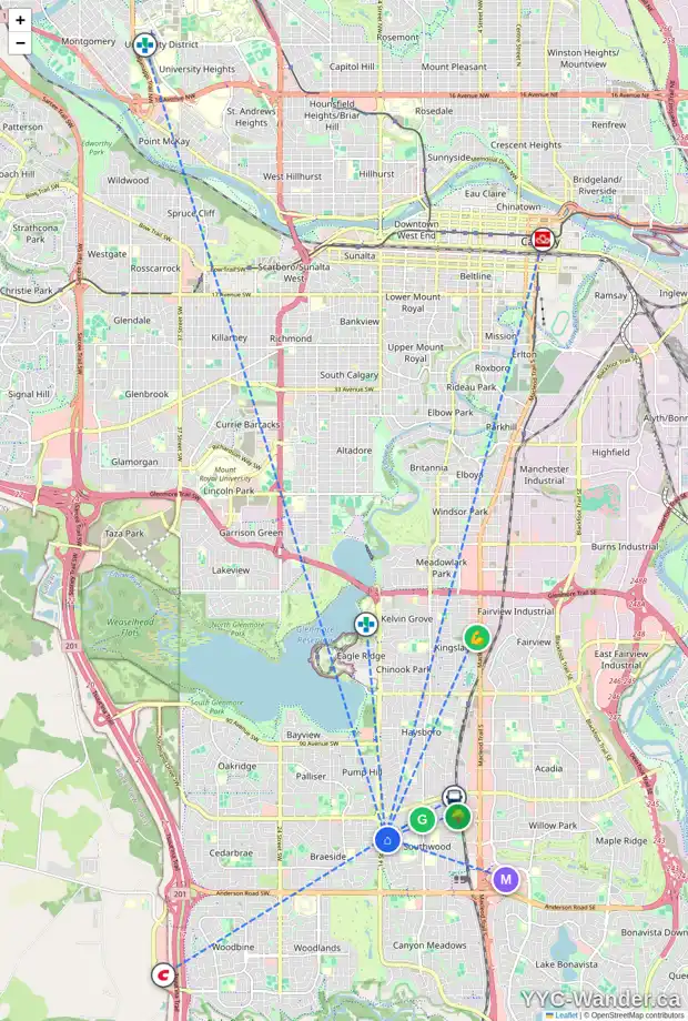 Daily accessibility map for 1411 105 AV SW, Calgary showing nearby schools, grocery stores, parks, LRT stations and nearby amenities